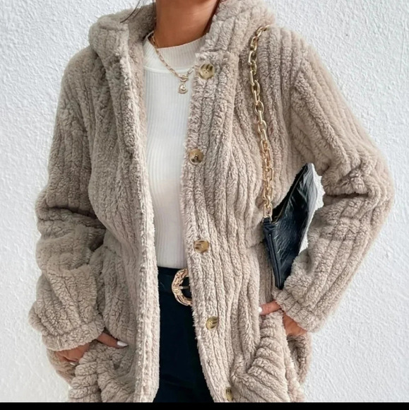 Jackets & Blazers - Casual Womens Button Front Hooded Teddy Coat